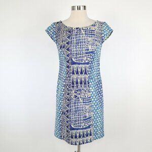 Plenty by Tracy Reese Sheath Dress Womens 2 Blue Ivory Geometric V-Back Stretch
